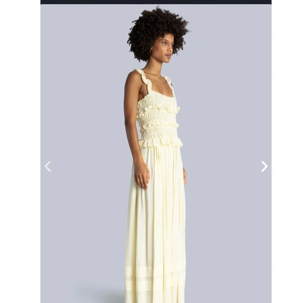 Esthe Pale Yellow Smocked Ruffle Maxi Dress Linen Blend Size S Greece $198 - Picture 2 of 8